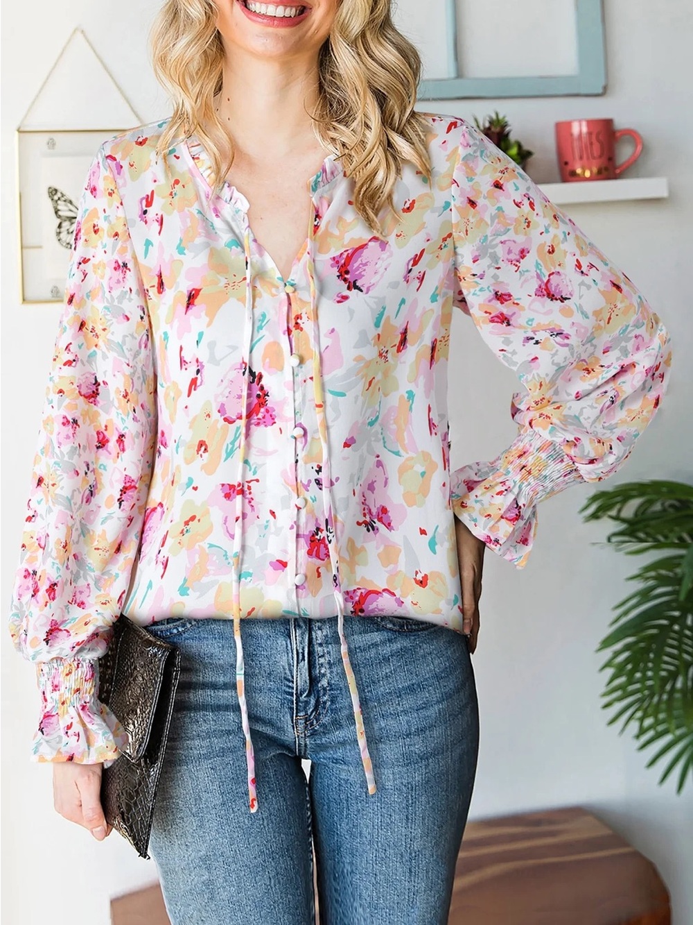 Women’s Floral Tie-Neck Blouse in Pastel Multi